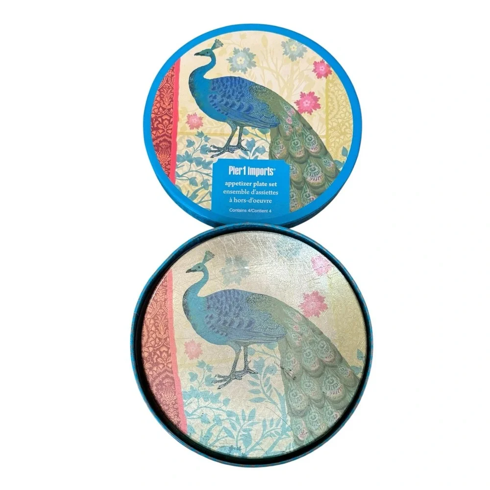 Pier 1 Peacock‎ Appetizer Plates Set 4 Glass Foil Boho Dessert 6 Inch